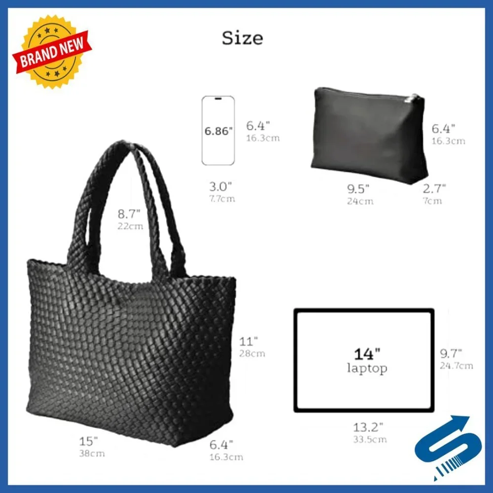 Large Woven Vegan Leather Tote Bag with Inner Zipper Pouch Elegant Boho